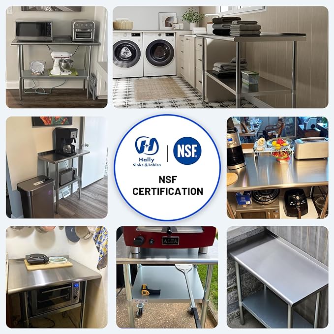 Hally Stainless Steel Table for Prep & Work 18 x 72 Inches, NSF Commercial Heavy Duty Table with Undershelf and Backsplash for Restaurant, Home and Hotel