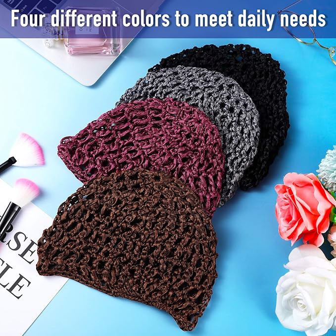 Geyoga 4 Pieces Mesh Crochet Hair Net Rayon Knit Snood Hat Thick Short Women Hairnet Snoods Cover Ornament for Sleeping (Black, Gray, Wine Red, Brown)