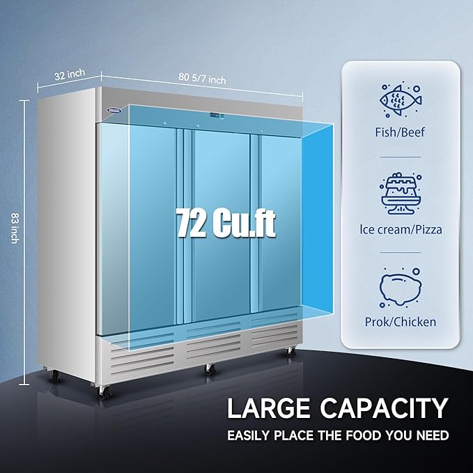 81" W Commercial Freezer Reach-in 72 Cu.ft 3 Solid Door Stainless Steel ETL Approved Upright Freezer Fan Cooling for Restuarant, Bar, Shop, etc