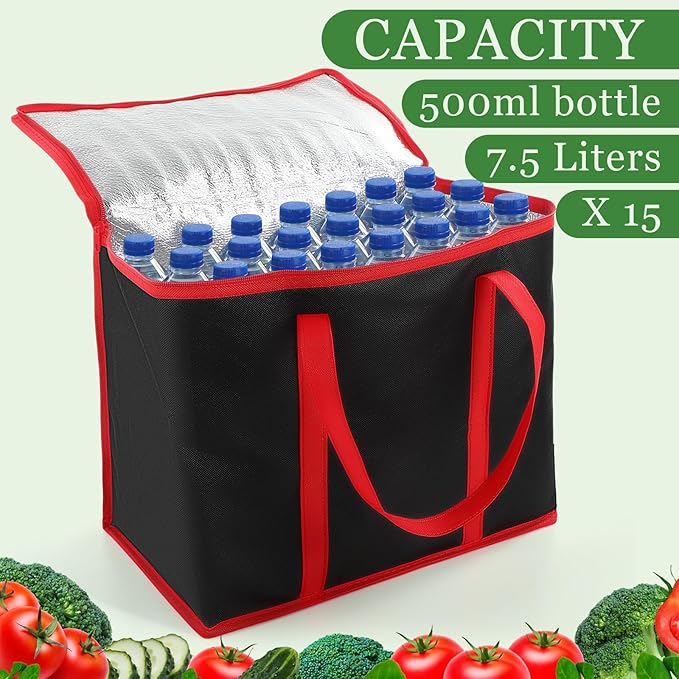 Kenning 15 Pcs Large Insulated Reusable Grocery Bags with Sturdy Zipper and Handles Foldable Washable Cooler Totes Heavy Duty Hot or Cold Food Delivery Bag for Food Transport Travel Lunch (Black Red)