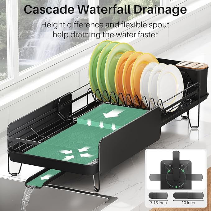SNTD Dish Drying Rack - Large Dish Racks for Kitchen Counter, Expandable Dish Drainers with Cutlery Holder Stainless Steel Rustproof, Black