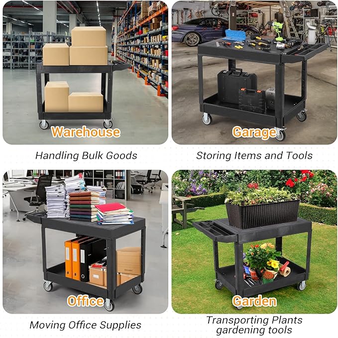 Large Heavy Duty Plastic Utility Service Cart Flat top 45.8 x 25 Inch, Work Cart Flat Shelves Holds up to 550 lbs - 2 Tier Service Cart with 360°Swivel Wheels (2 with Brakes) Black
