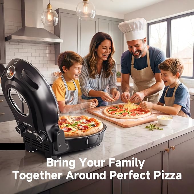 12-Inch CrustyBake Beginner's Black Glazed Stone Pizza Oven: Quick 800°F Heating, Easy-Clean Design, Recipe Book & All Tools Included - Perfect for First-Time Pizza Makers at Home