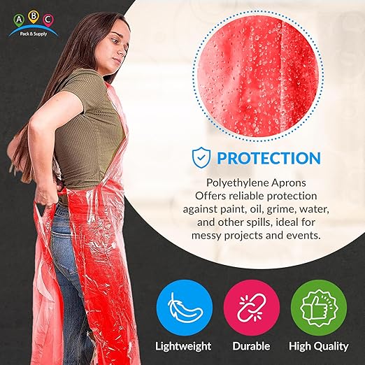 ABC PACK & SUPPLY Red Plastic Disposable Aprons Adults for Painting, 28 x 46 Inches. Pack of 100 Disposable Plastic Aprons, 1.5 Mil. Unisex Waterproof Polyethylene Painting Apron for Food Industry