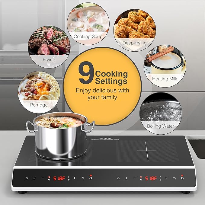 Double Induction Cooktop, 4000W 2 burner Induction cooktop with LED Touch Screen 10 Levels Settings with Child Safety Lock & Timer 110V Electric burner with hot plate