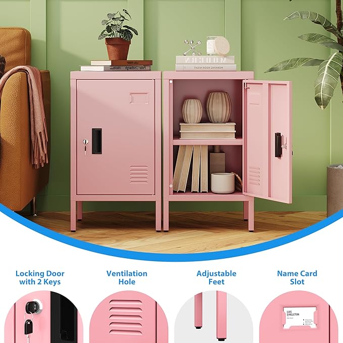 METAN Metal Storage Employees Lockers with 1 Lockable Doors,Locking Storage Cabinets for Small Spaces,Home,School,Gym,Assembly Required,Pink