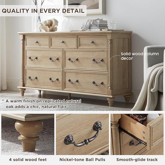 T4TREAM Farmhouse 7 Drawers Dresser Chests for Bedroom with 4 Solid Wood Feet, Tall Wide Wood Country Rustic Chest of Drawers, Storage Dressers for Bedroom, Living Room,Natural Oak