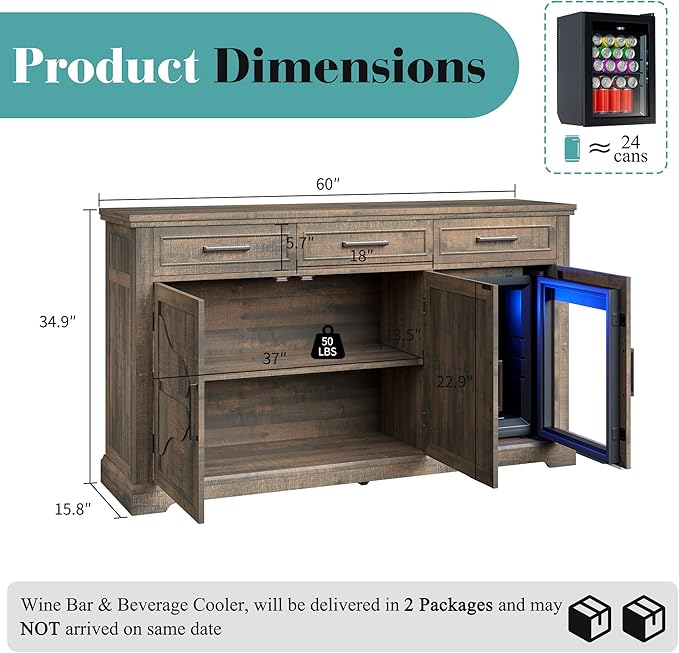 60" Farmhouse Coffee Bar Cabinet with Beverage Fridge (Included), Wine Bar Cabinet with Drawer Storage, Mini Fridge Cabinet, Sideboard Cabinet for Dining Room, Living Room-Brown