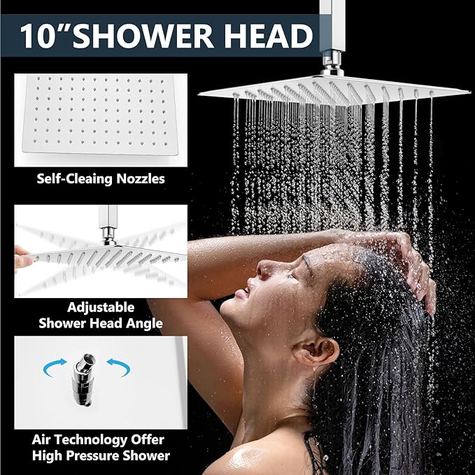 Aolemi Shower Faucet Set Ceiling Mount Shower System Rough-in Valve and Shower Trim Kit 2 in 1 Handheld Spray Push Button Diverter 10 and 6 Inch Dual Shower Head Polish Chrome