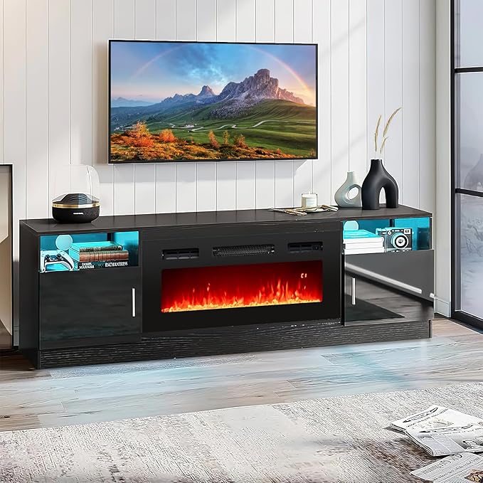 Tangkula 36 Inches Electric Fireplace, 5,000 BTU Fireplace Insert with LED Light Strips, Remote, Crystal Stones & Adjustable Flame Effect, 1-8H Timer, Thermostat & Overheat Protection