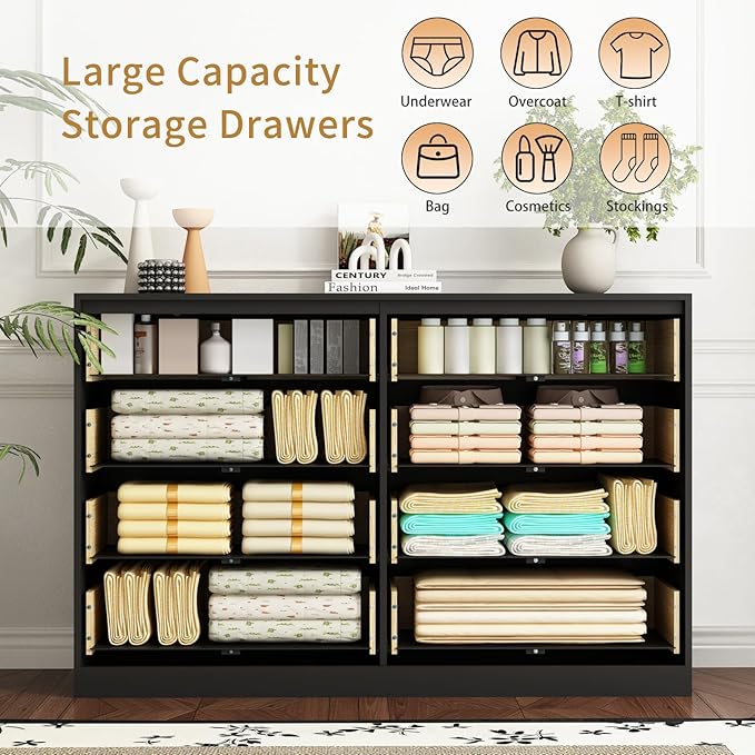 8 Drawer Dresser for Bedroom, Modern Fluted Double Dresser, 55" Wide Chest of Dressers, Wooden Beside Table for Closet, Living Room and Entryway, Black