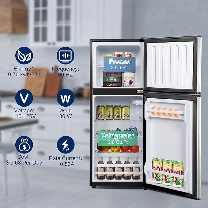 4.8 Cu. Ft. Fridge with Freezer, 2-Door Mini Fridge with Freezer, Adjustable Thermostat Small Refrigerator, Dorm Refrigerator for Apartment, Office, Kitchen, Silver