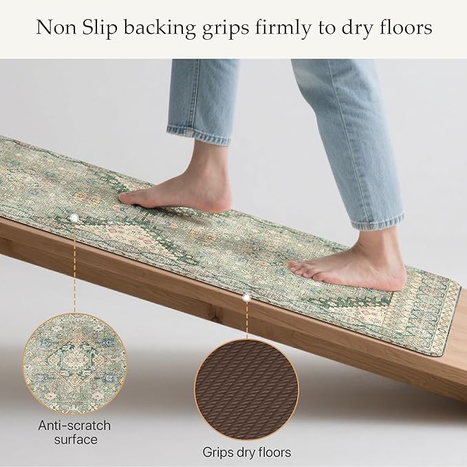 GENIMO Kitchen Mats for Floor, 2PCS Kitchen Rugs Non Slip Washable, Waterproof Anti Fatigue Mat, Comfort Standing Runner Rug for Sink, Office, Laundry, Home, 17.3"x47"+17.3"x30", Muted Green