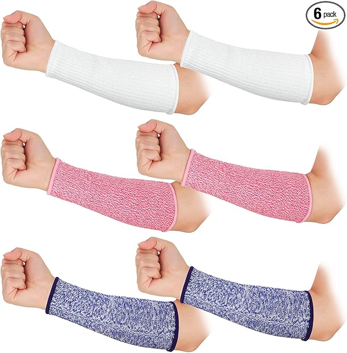Sintege 3 Pairs Arm Protectors for Thin Skin and Bruising Cut Resistant Forearm Sleeve Level 5 Arm Burn Protection Sleeve (White, Purple, Pink,7.9 Inch)