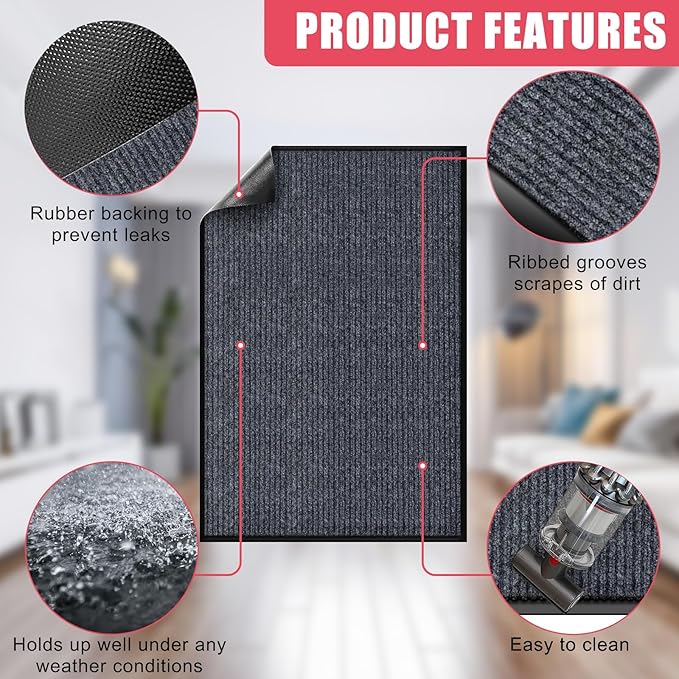 Kuyal Front Door Mat, 2'x3' Indoor Outdoor Entrance Mats, Commercial Floor Inside Outside Entrance, Heavy Duty Durable Welcome Mat, Rubber Backing Non Slip Outdoor Mats for Entryway,Dark Gray