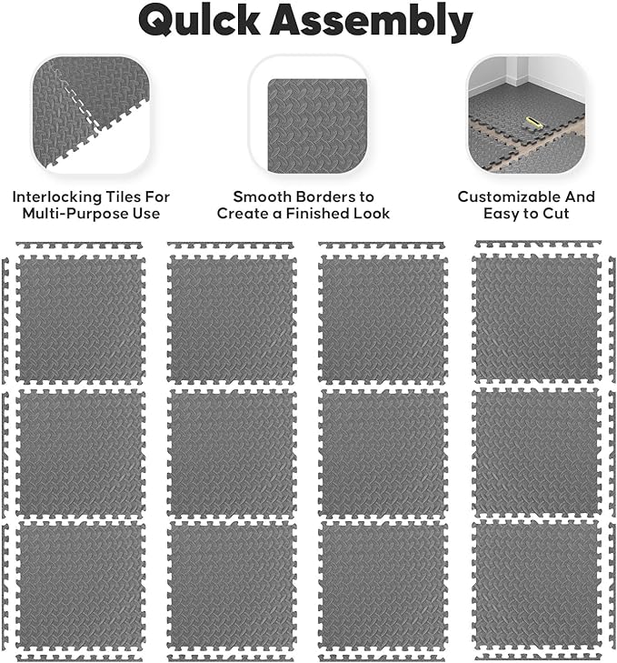 Home Gym Mat, Puzzle Exercise Mat, EVA Interlocking Foam Floor Tiles for Home Workout Equipment and Kids' Play Areas - Blue, 24 in x 24 in x ½ in - (Grey, 24 Pack, 96 SQ FT)