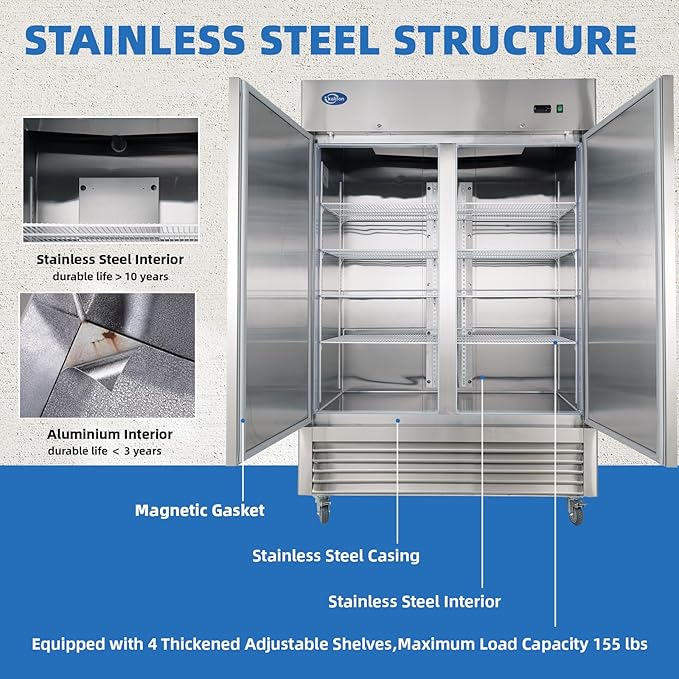 54"W 2 Door Commercial Freezer, 49 Cu.ft Stainless Steel Reach-in Upright Fan Cooling Freezer for Restaurant Bar Shop, etc