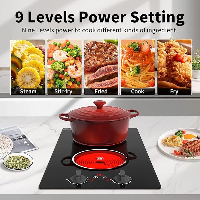 Electric Cooktop,110V 2100W Stove top,Countertop and Built-in 2 burner cooktop,9-speed power, child safety lock, timer, knob and touch control 2 burner Electric cooktop