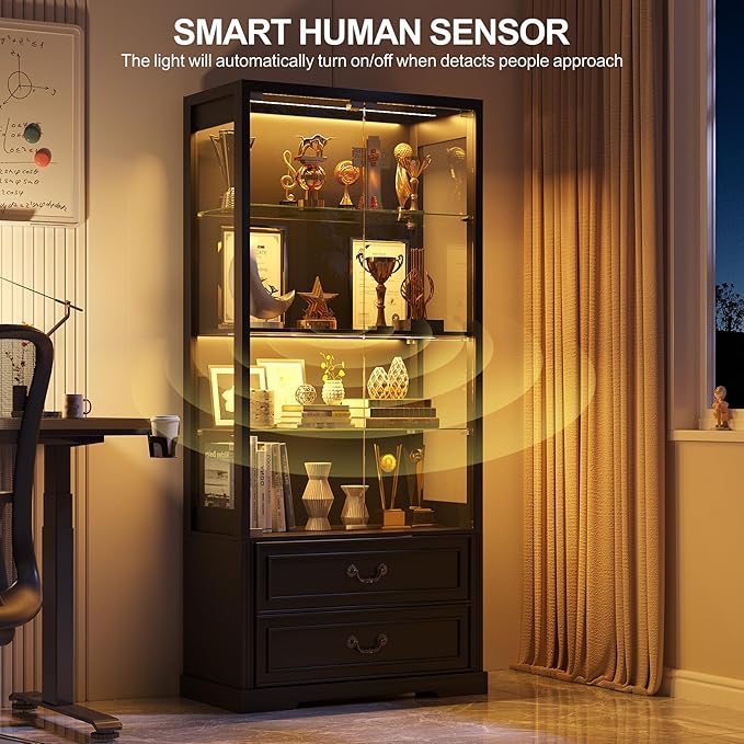 Glass Display Cabinet with Door, 4-Tier Curio Cabinet with 2 Drawers and Adjustable Glass Height Showcase, Display Case with 3 LED Light and Human Body Sensor, Black