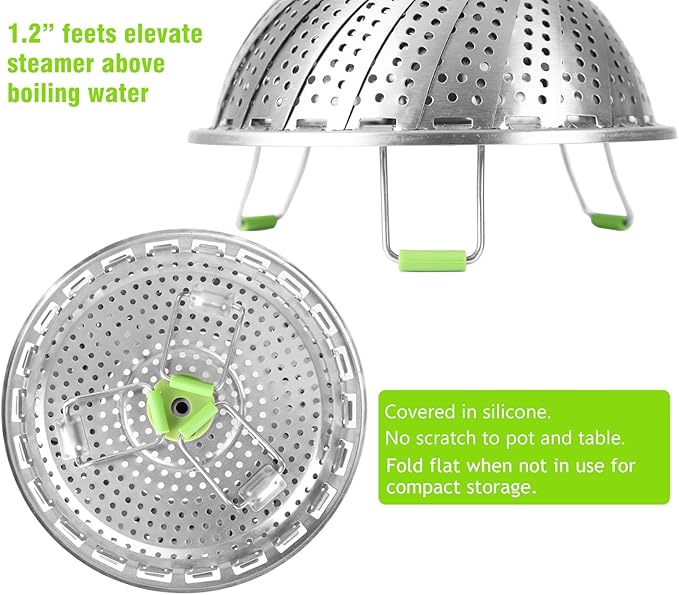 Consevisen Vegetable Steamer Basket for Cooking Food, Stainless Steel Veggie Steam Basket for Pot, Folding Expandable Steaming Insert with Extendable Handle Fits Various Size Pot, 7.1" to 11"