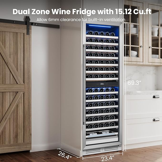 Yeego 24 Inch Wine Fridge – Wine Cooler Refrigerator 40°F-65°F, 304 Stainless Steel Glass Door Lock, Temp Memory Blue & White LED Built-in Fridge with Adjustable Shelves (154 Bottle)