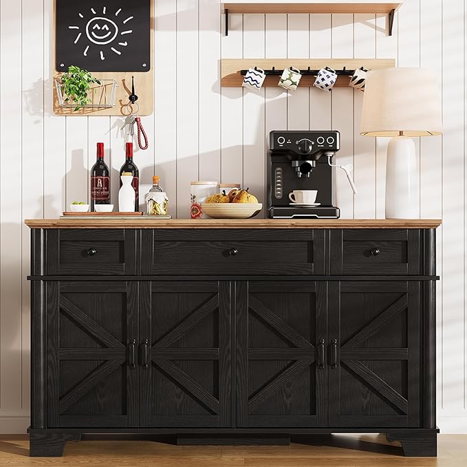 Farmhouse Buffet Cabinet with Storage, 55 Inch Black Sideboard Buffet Cabinet with Adjustable Shelves & 3 Drawers, Buffet Table Coffee Bar Wine Bar Storage for Kitchen & Living Room