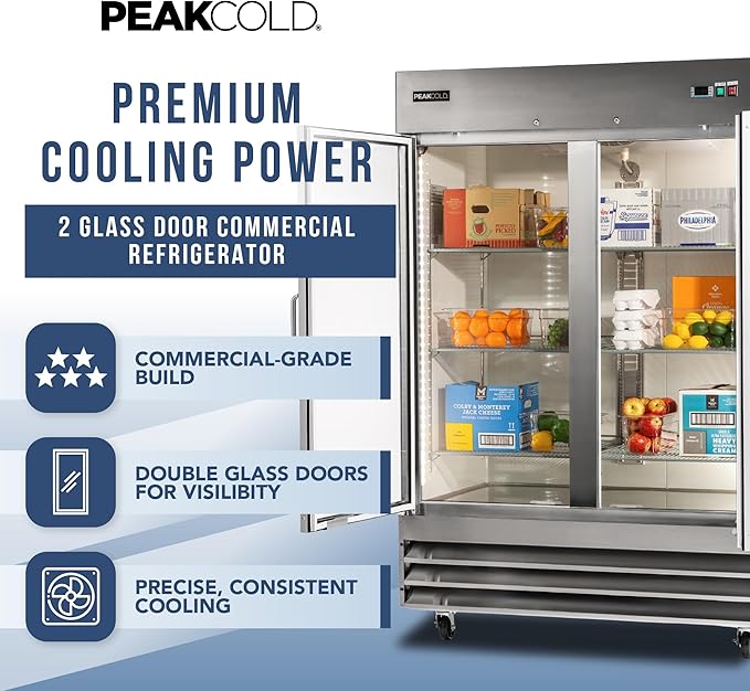 PEAKCOLD Double Glass Door Commercial Refrigerator - 47 Cubic Ft, 54" Wide Stainless Steel Reach-In Commercial Refrigerator with White Internal Lighting - Freestanding Industrial Fridge