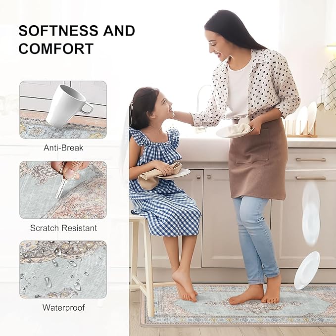 Collive Boho Kitchen Mat 2PCS Cushioned Kitchen Mats for Floor, Anti-Fatigue Mat Waterproof Kitchen Rug Set of 2 Non-Skid Comfort Standing Mat for Kitchen, Office, Sink, Laundry, 17"x30"+17"x47"(Pink)