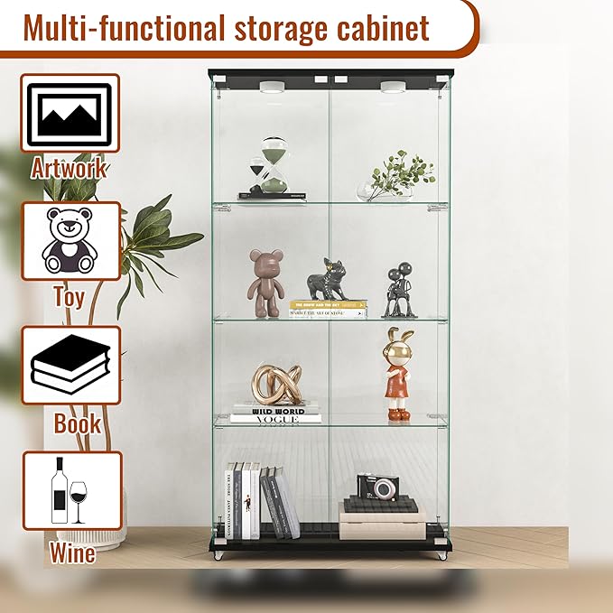 Yoluckea 4-Shelf Glass Display Cabinet with LED Lights, 2-Door Floor Standing Curio Cabinet with Universal Wheel for Home or Office, Black Glass Bookshelf for Collections, Decor, and Corner Display