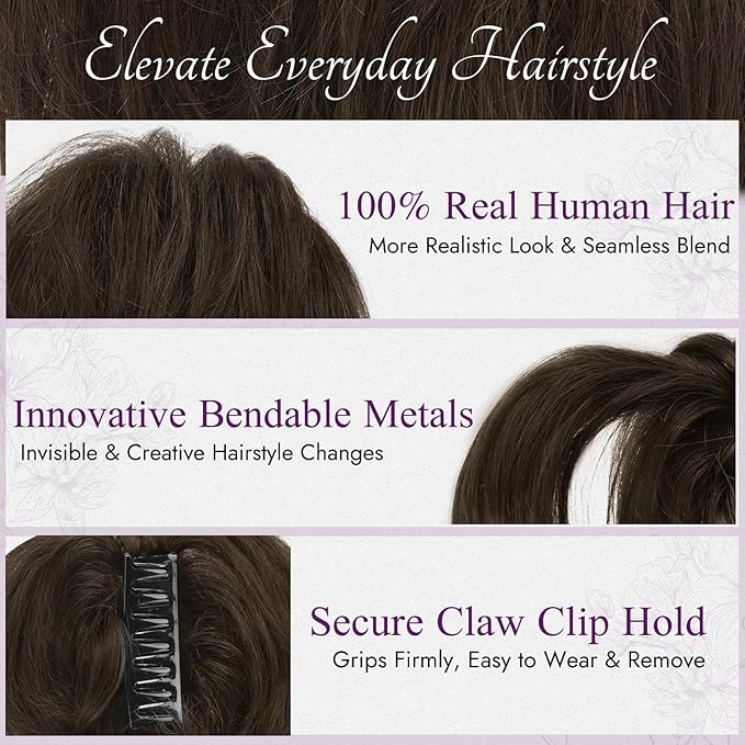 BARSDAR Claw Clip Short Human Hair Ponytail Extension with Bendable Metals - DIY Styles 8 Inch Real Human Hair Dark Brown Mix Messy Bun Hairpieces for Women - Thick Natural Short Ponytail Daily