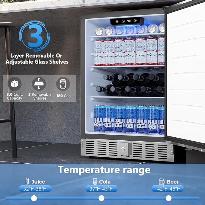 24 Inch Under Counter Beverage Refrigerator, Built-in and Freestanding Beverage Fridge Cooler 180 Cans with Stainless Steel Seamless Door, Powerful Cooling Compressor for Patio Kitchen, Commercial Use