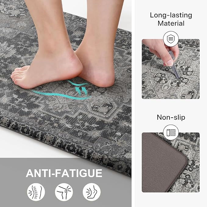 GENIMO Kitchen Mats for Floor, Washable Anti Fatigue Mat for Cushioned, 17.3"x59", Waterproof Kitchen Rugs, Non Slip Foam Comfort Standing Mat Rug for Home, Runner, Sink, Laundry, Dark Gray