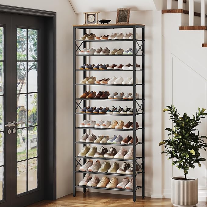 12 Tier Shoe Rack, Large Capacity Shoe Storage Organizer Holds 48 Pairs, Sturdy and Stable, for Entryway, Hallway, Closet, Dorm Room, Rustic Brown SS12BR