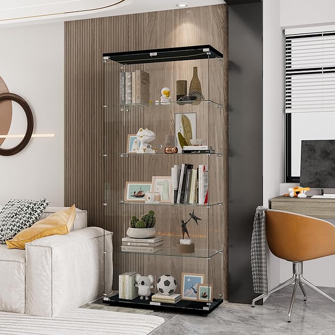 74" H 5-Shelf Glass Display Cabinet with Double Door, Modern Curio Cabinet Collection Display Case, Floor Standing Bookshelf Glass Case with Lock for Living Room,Home Office (Black)