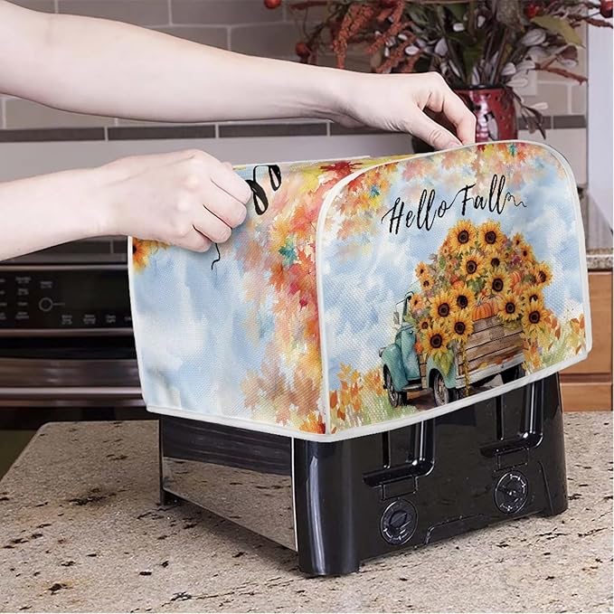 UNICEU Hello Fall 2 Slice Quilted Toaster Covers, Farmhouse Truck with Sunflower Dust-proof Bread Maker Cover, Kitchen Small Appliance Dust Cover