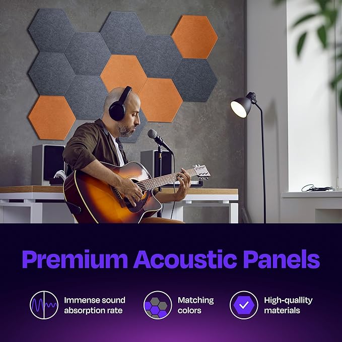 Acoustic Panels 12-Pack Soundproof Wall Panels 14"X12.1"X0.4" Sound Panels High Density Sound Dampening Panels - [Pebble Gray Hexagon]