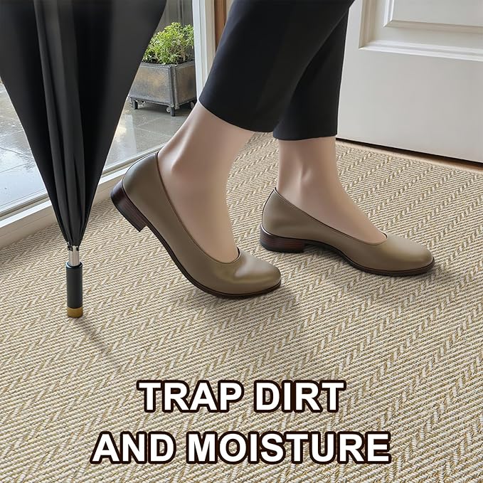 Ultra Thin Door Mat Indoor Entrance 36"x59", Low-Profile Indoor Door Mat, Large Non Slip Entry Mat Rubber Backing Unique Herringbone Design Inside Doormat Dirt Trapper Entryway Mats, Beige