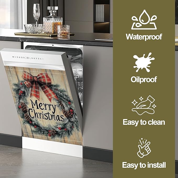 Merry Christmas Dishwasher Magnet Cover,Rustic Wooden Kitchen Decor Waterproof Refrigerator Magnet Appliance Cover Protector,23Wx26H Inches
