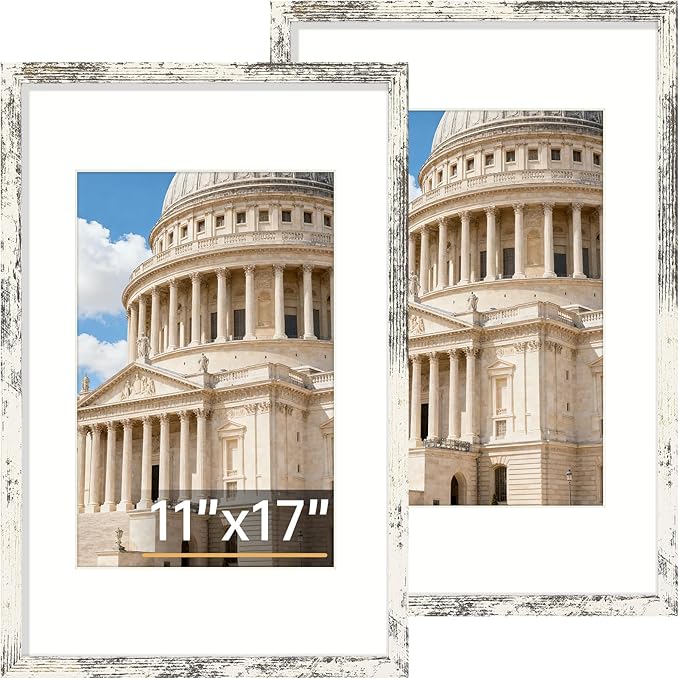 Vittanly 11x17 Picture Frame Set of 2, Solid Wood Frame for Wall Art Photo and Prints, Display Photo 8x12 with Mat or 11x17 without Mat, Distressed White