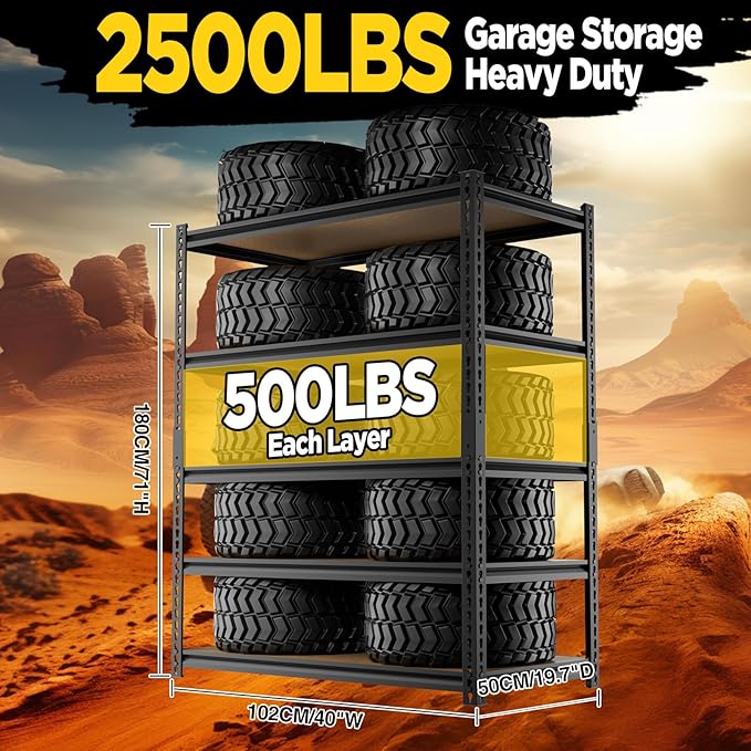5-Tier Heavy-Duty Shelving 2500LBS Capacity Per Unit Adjustable Metal Garage Storage Rack 40”W X 19.7”D X 71”H Metal Shelving Storage Rack Includes Matte Polypropylene Spacers (Black) 2 Pack