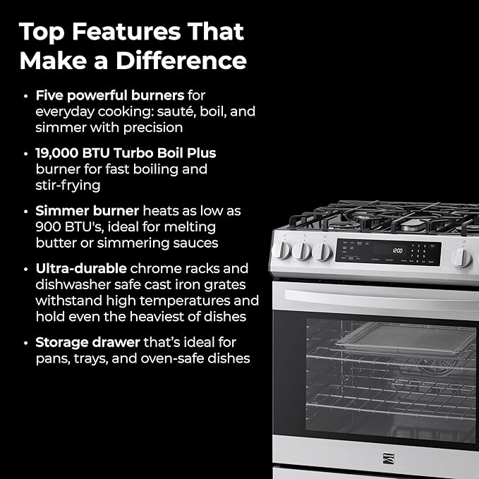 Kenmore 2276843 5.6 cu. ft. Front Control Gas Range Oven with 5 Burners - Fan Convection, Air Fry, Self Clean, Turbo Boil+, Chrome Racks, Cast Iron Grates, Wok Ring, LP Kit - Stainless Steel