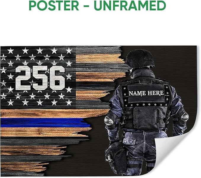 Custom Police Thin Blue Line Gifts For Policeman, First Responder Personalized Name Number Poster & Framed Canvas, Wall Art Home Office Decoration Living Room Bedroom Aesthetic Decor
