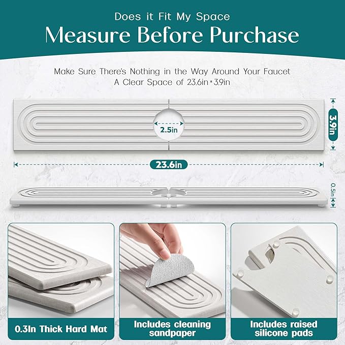 Faucet Mat for Kitchen Sink – Diatomite Drying Stone Mat & Sink Protector, Prevent Moisture – Sink Splash Guard Water-Absorbing Stone Tray for Bathroom Counter [Light Grey,23.6" x 3.9"]