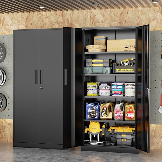 Crownland 72" Metal Storage Cabinet, Lockable Garage Storage Cabinets, High Office Cabinet with Adjustable Shelves for Garage, Home Office, Classroom, Pantry(Classic Black-Narrow Size)