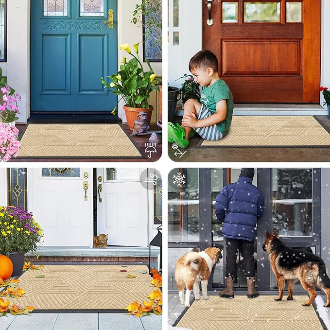 Smiry Front Door Mat Outside Entrance, Heavy Duty Sturdy Natural Rubber Doormat, Trap Dirt and Moisture, Easy Clean Low Profile Welcome Floor Mats for Indoor Outdoor Entry, 59x23 Inch, Beige