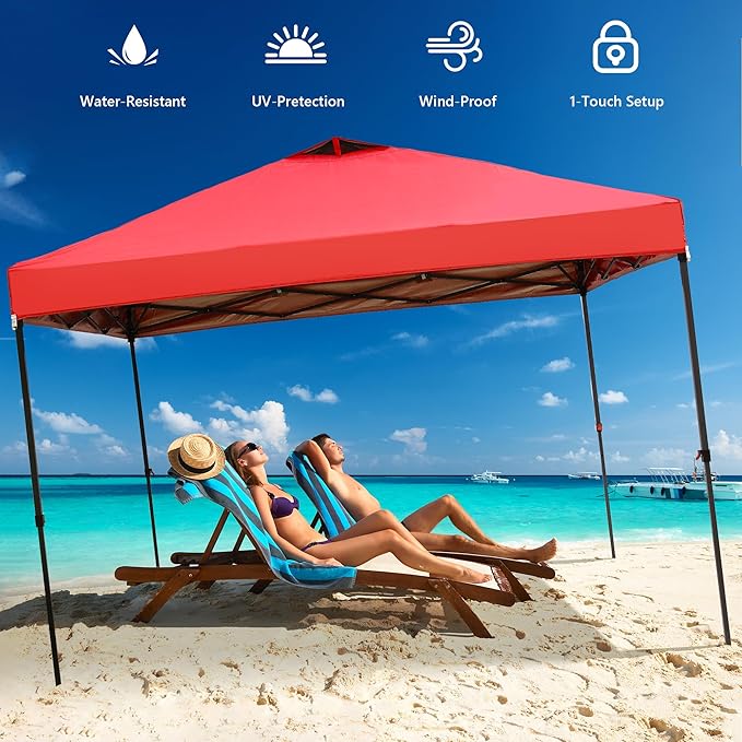 Saemoza 12x12 Pop Up Canopy Tent with One Push Setup, Portable Sun Shade Tent, Instant Easy Up Canopy with 4-Sidewalls & Wheeled Bag, Outdoor Fldable Gazebo with Vent Top, Red.