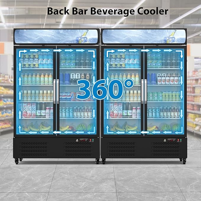 PeakPursuit 36.3 Cu.ft Commercial Beverage Refrigerator, Glass Door Upright Display Cooler, LED Light, Double Swing Doors, Adjustable Shelves, for Store, Restaurant, Bar, Office, Home