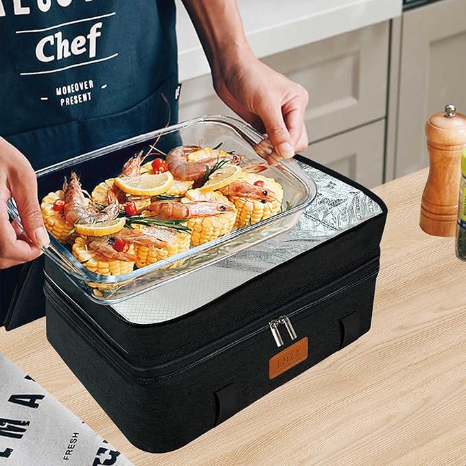 LHZK Double Insulated Casserole Carrier, Expandable Casserole Carriers for Hot or Cold Food, Insulated Food Carrier for Travel, Parties, Picnic, Fits 11 x 15 or 9 x 13 Baking Dish (Black)