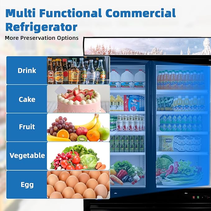 Display Beverage Refrigerator, 49 Cu.Ft Commercial Drink Fridge with Glass Door & 8 Adjustable Shelves, Commercial Refrigerator with LED Light for Restaurant, Supermarket, Gym, Black