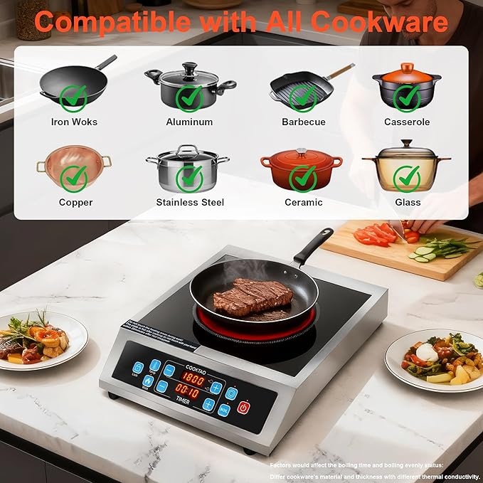 Dual Coils Design of Stainless Steel Single Burner Electric Cooktop, 1800W Commercial Ceramic Infrared Cooking Hot Plate, Portable Countertop Radiant Stove Top Cooker with WATT and TEMP Control